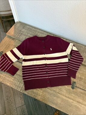 RL Women’s Burgundy and Cream Striped Button-Up Cardigan